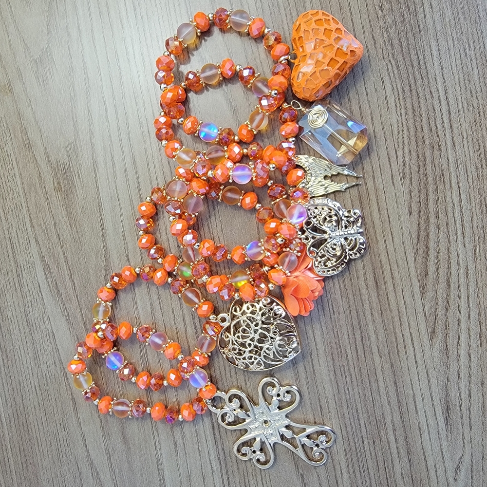 Orange Beaded Bracelet Set with 14k Plated Gold Charms, Natural Stone.